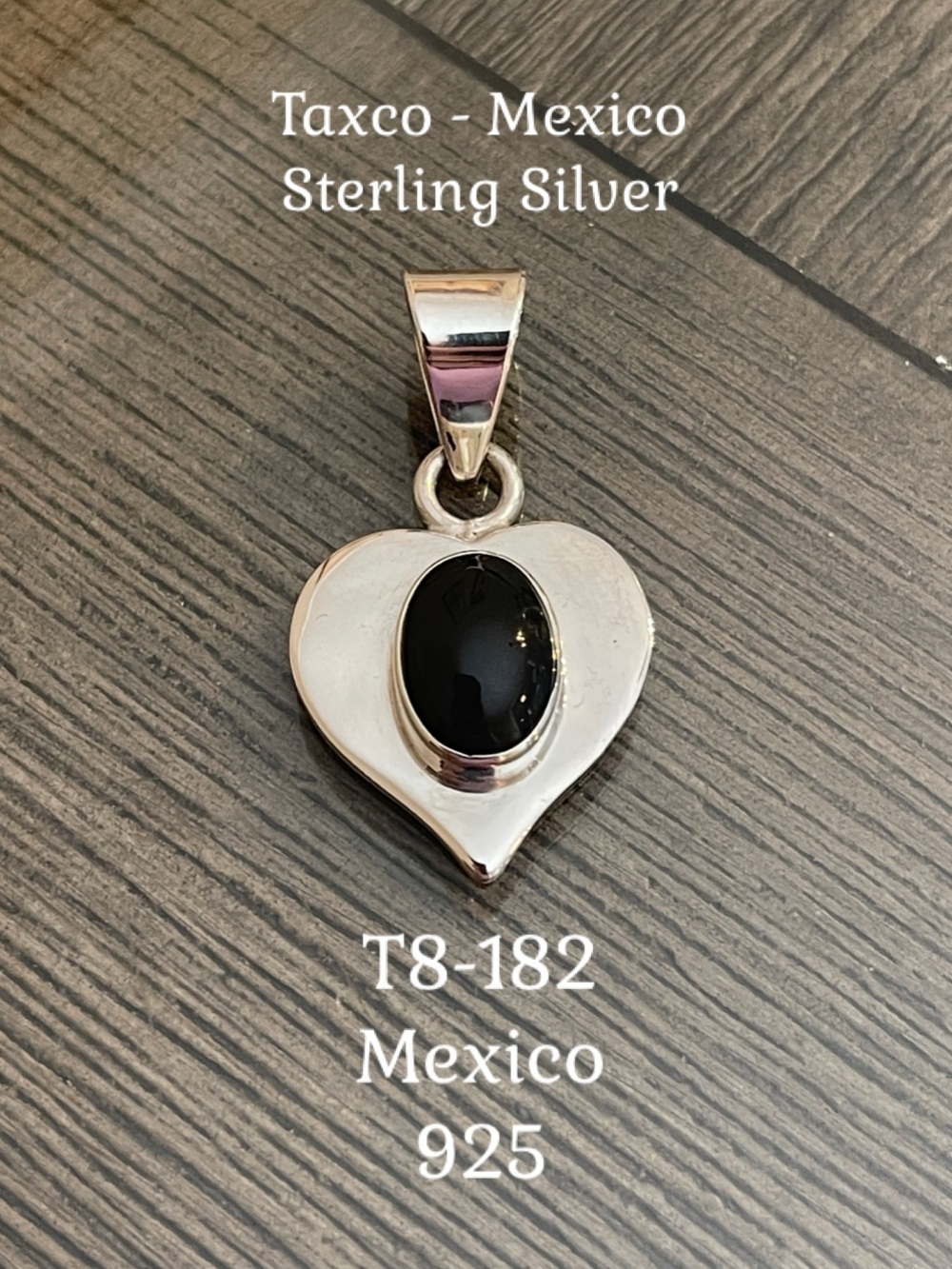 Vintage Taxco Mexico Sterling Silver Heart Pendant with Black Cabochon Center
